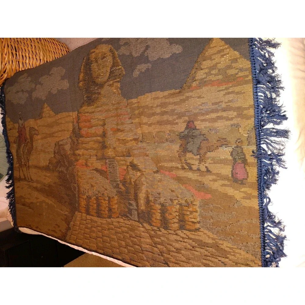 ​Vintage Large Velvet Egyptian Tapestry 59x39, Mid Century Sphinx Pyramids Camel